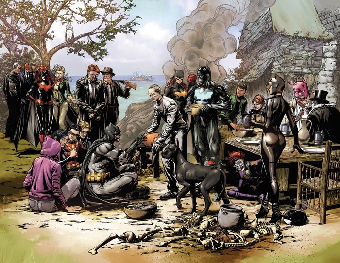 Batman characters at a Thanksgiving feast
