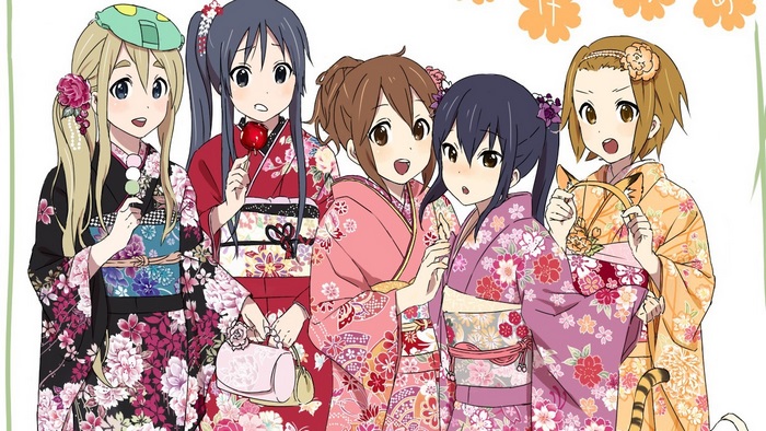 Five girls in kimonos