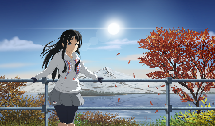 Mio Akiyama by a lake with Mt. Fuji
