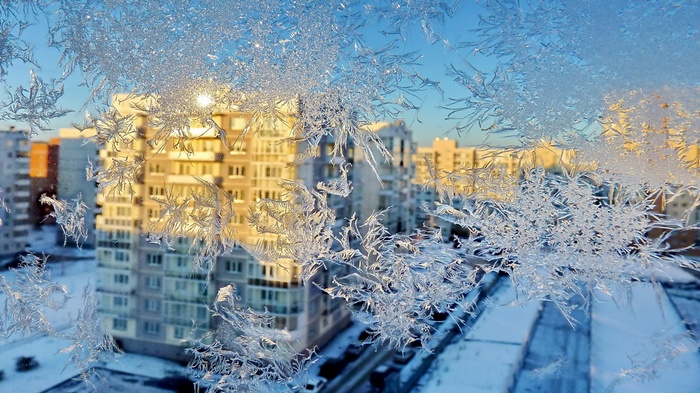Frost patterns on a window overlooking city buildings