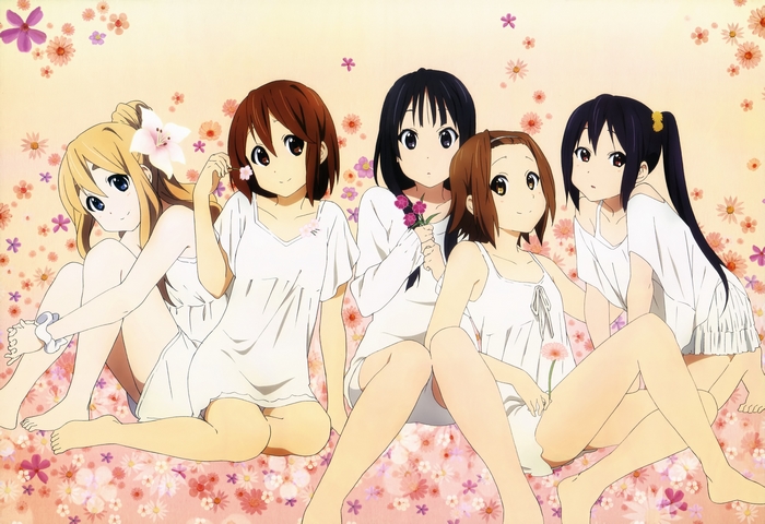 Five girls from K-On! sitting on flowers
