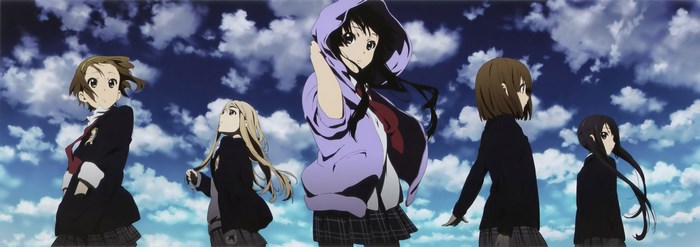 K-On! characters against a cloudy sky