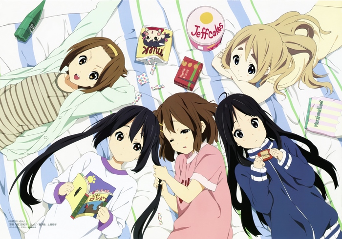 K-On! characters lying on a bed with snacks