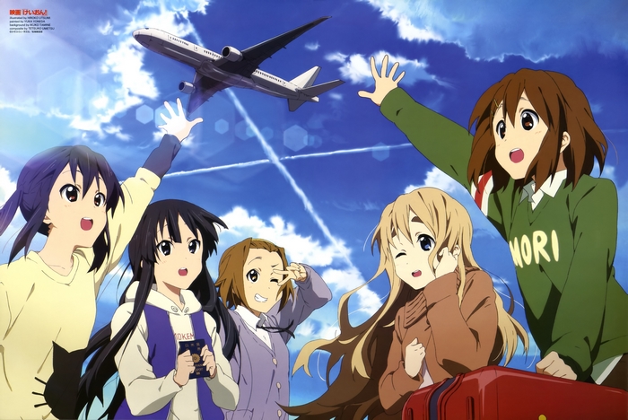K-On! characters waving at an airplane
