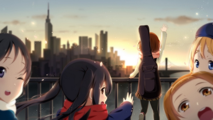 Mio Akiyama from K-On! with friends at sunset