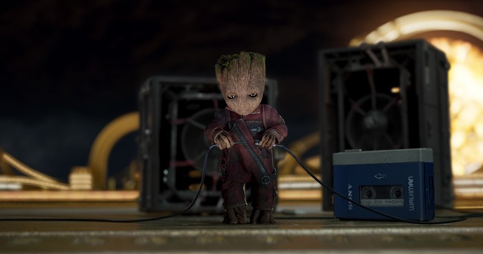 Baby Groot from Guardians of the Galaxy with a Walkman