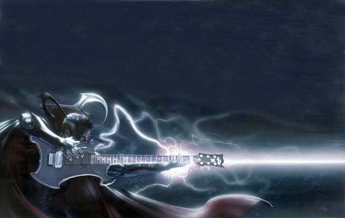Doctor Strange playing electric guitar with lightning