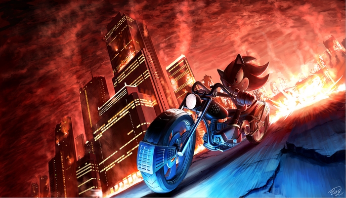 Shadow the Hedgehog riding a motorcycle in a burning city