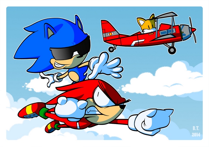 Sonic the Hedgehog, Knuckles, and Tails in a plane