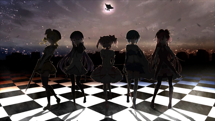 Kyōko Sakura and friends on a chessboard under a night sky