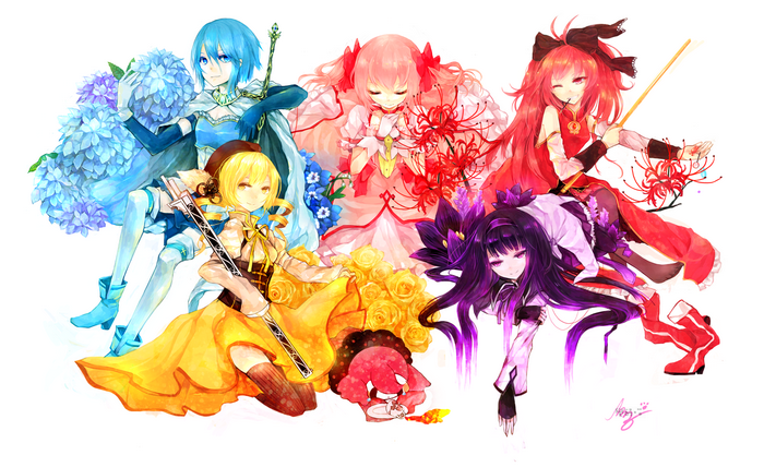 Puella Magi Madoka Magica characters with flowers