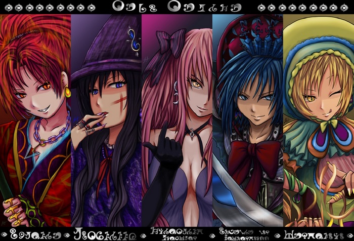 Five girls in anime style with different hair colors and outfits