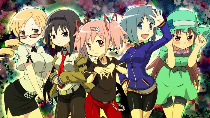 Five magical girls from Puella Magi Madoka Magica
