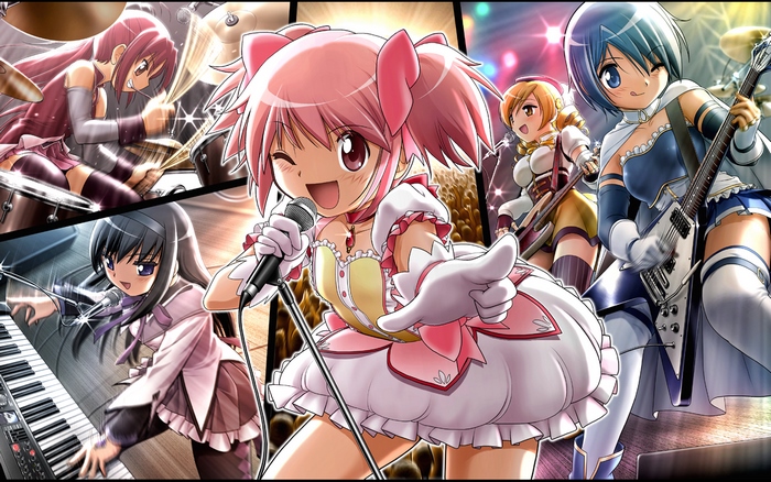 Madoka Magica characters performing in a band