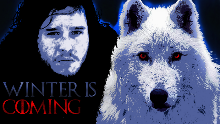 Jon Snow and Direwolf with Winter is Coming text