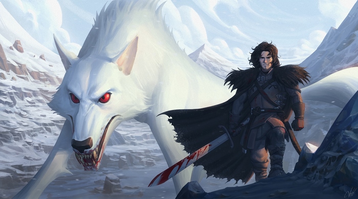 Jon Snow and a direwolf in a snowy landscape