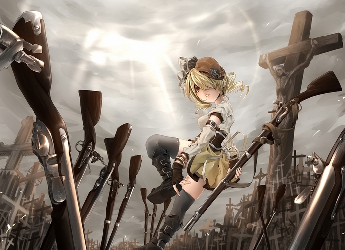 Mami Tomoe surrounded by rifles and crosses