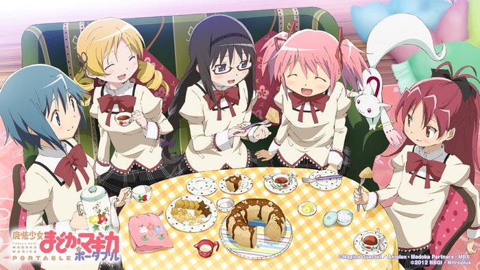 Puella Magi Madoka Magica Portable characters at a tea party