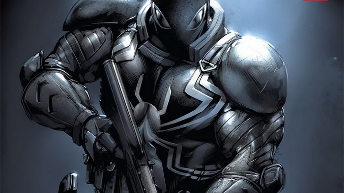 Armored Venom Holding Weapon in Dark Setting