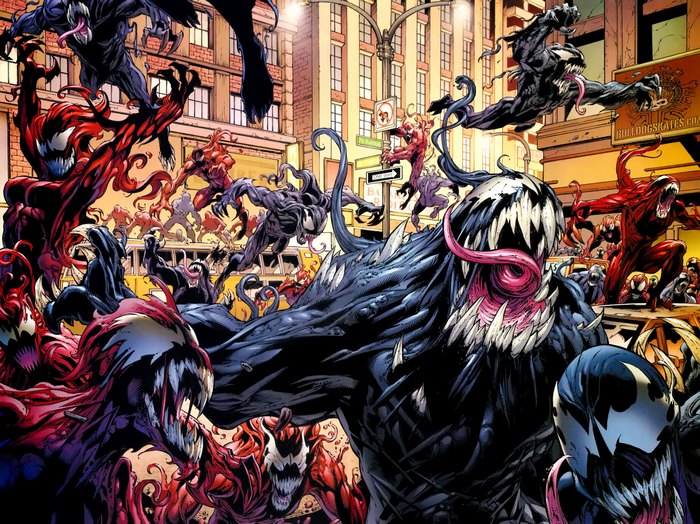 Venom and Carnage symbiotes attacking a city street