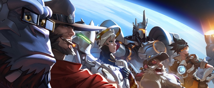 Overwatch characters including Winston, McCree, Mercy, Reinhardt, Roadhog, and Tracer