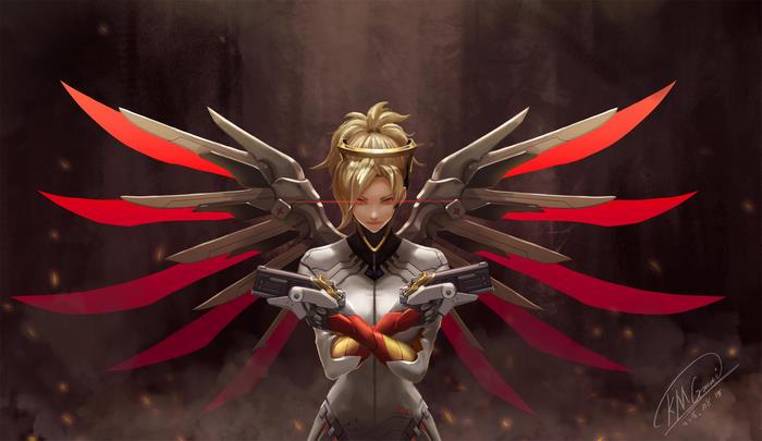 Mercy from Overwatch with wings and guns
