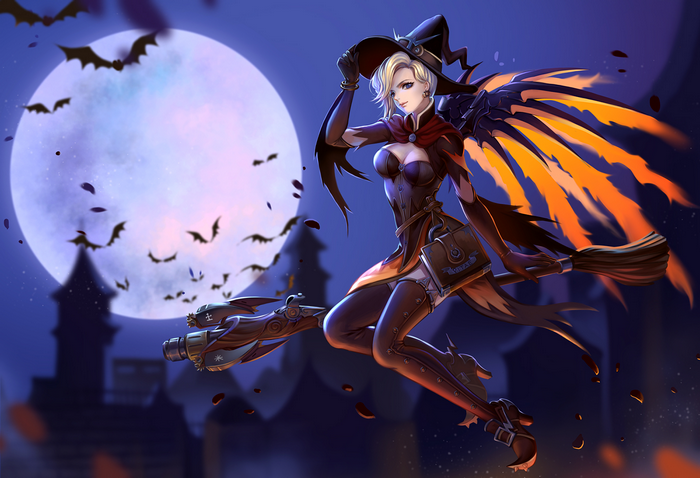 Mercy from Overwatch as a witch flying on a broomstick