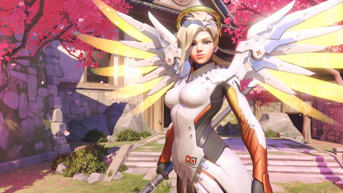 Mercy from Overwatch in a Japanese Garden