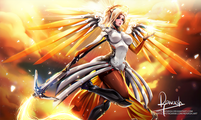 Mercy from Overwatch with glowing wings