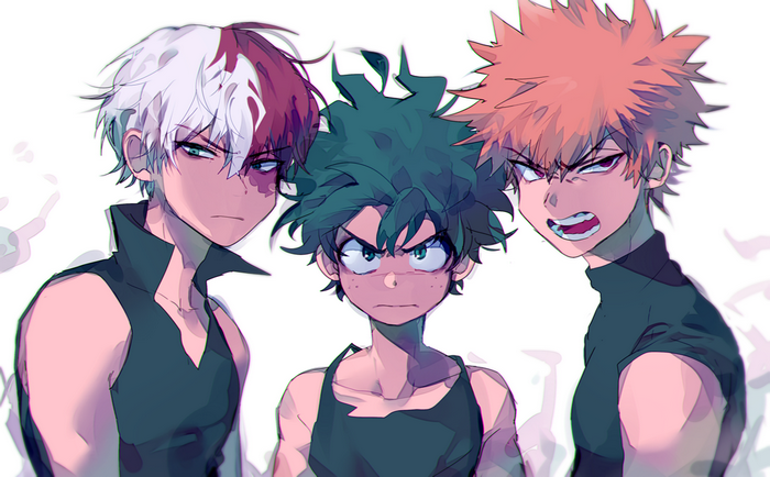 Shouto Todoroki, Izuku Midoriya, and Katsuki Bakugo from My Hero Academia