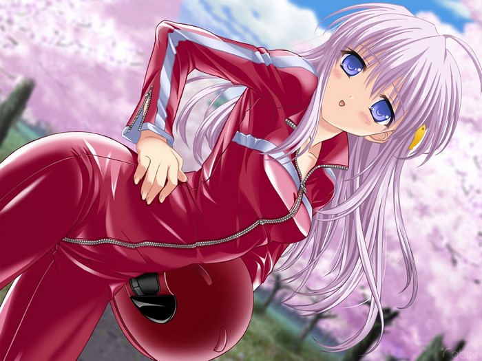 Tomoyo Sakagami in a red tracksuit