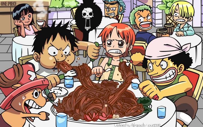 One Piece characters eating a large meal