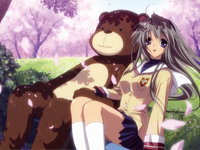 Tomoyo Sakagami with a large teddy bear