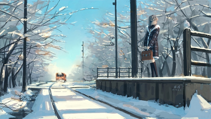 Girl at Snowy Train Station