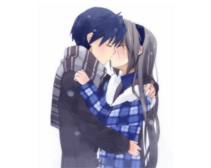 Tomoyo Sakagami kissing in the snow
