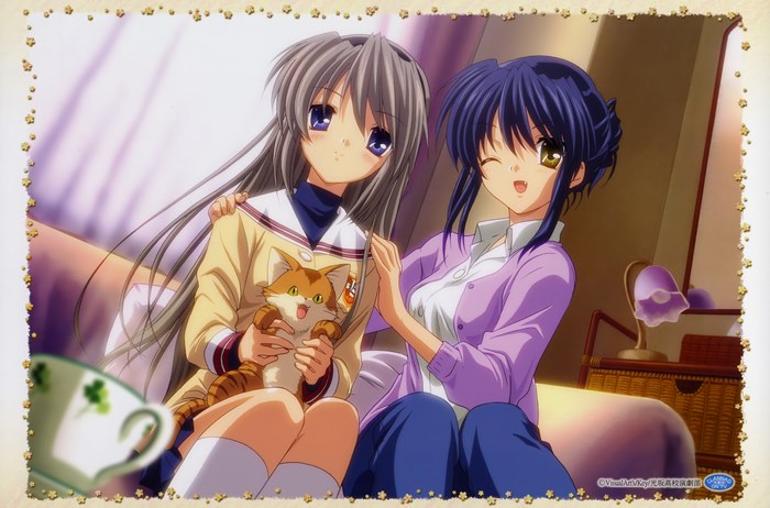 Tomoyo Sakagami with a cat and a friend
