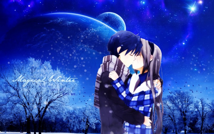 Couple kissing in a magical winter night sky