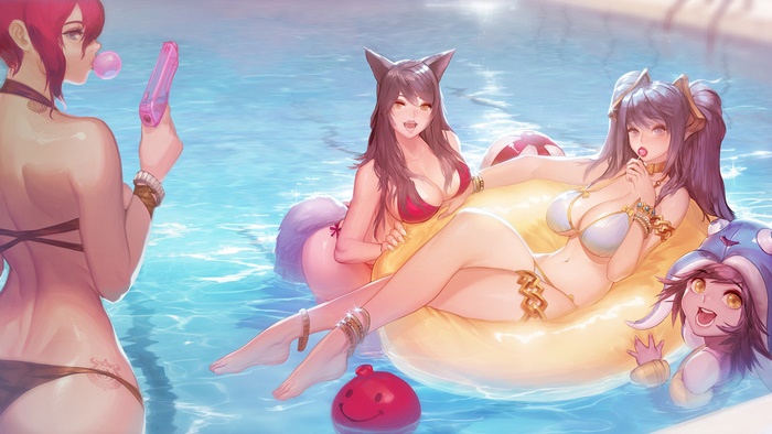 Four female characters in swimsuits by a pool