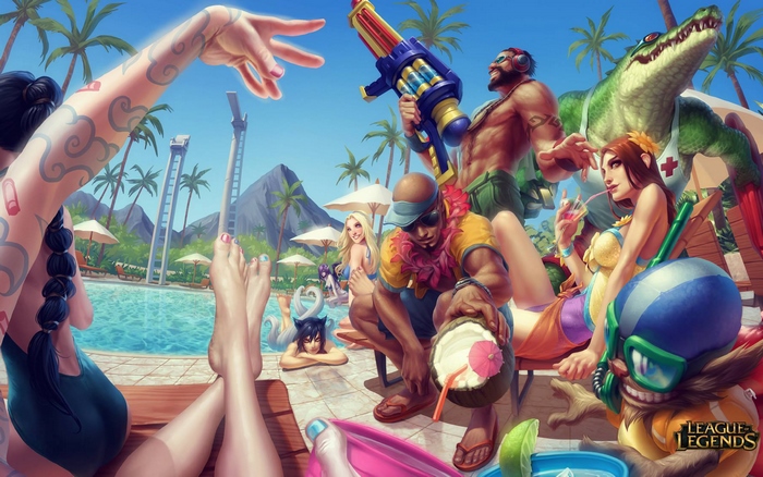 League of Legends characters at a pool party