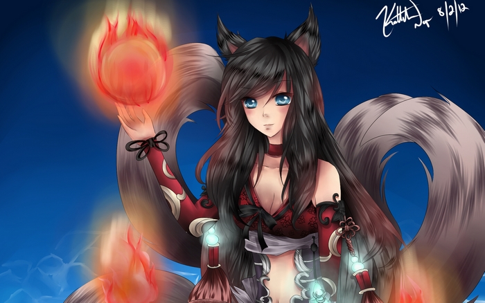 Ahri from League of Legends with fire orbs
