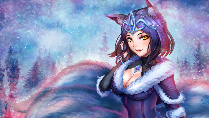 Ahri from League of Legends in winter forest