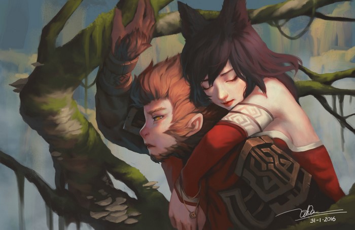 Ahri and Wukong from League of Legends in a tree