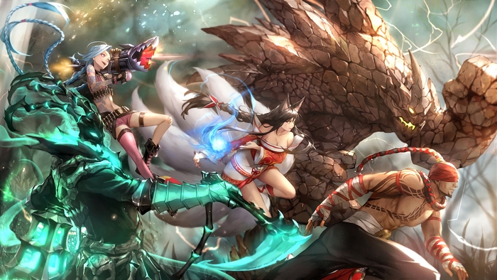 Jinx, Ahri, and other characters from League of Legends fighting a monster