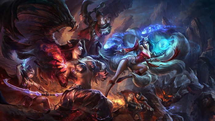 Ahri and allies fighting monsters in League of Legends