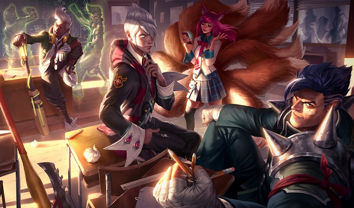 Ahri and students in a classroom from League of Legends