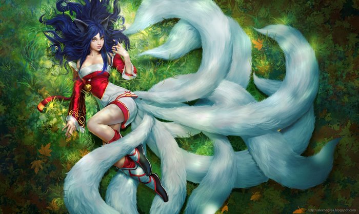 Ahri from League of Legends lying in grass