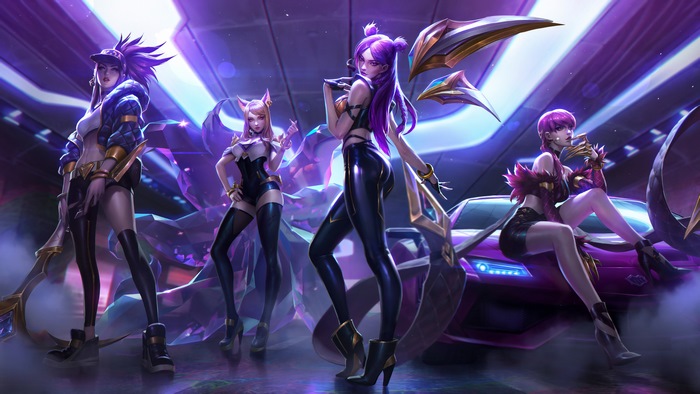 K/DA members from League of Legends with a car