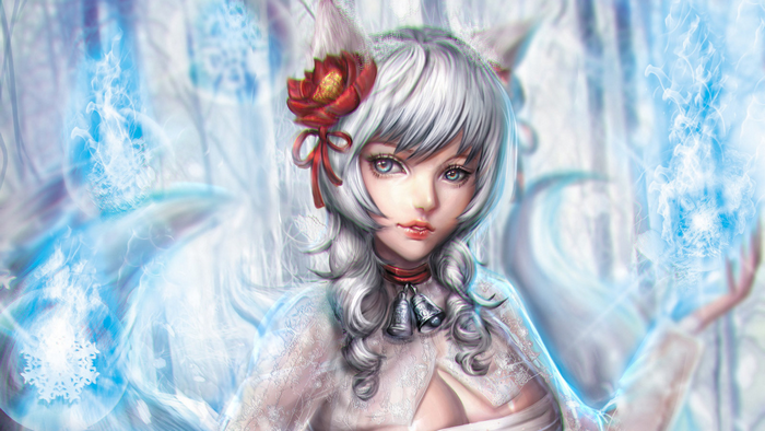 Ahri from League of Legends with blue magical effects