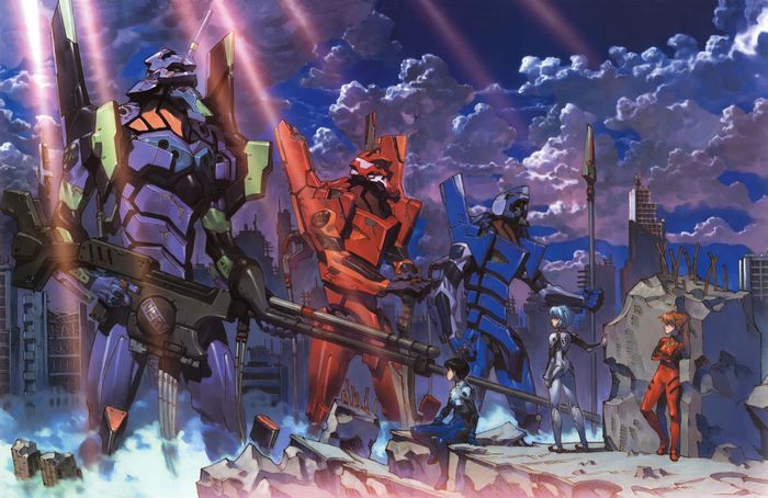 Evangelion Units with Pilots in Ruined City