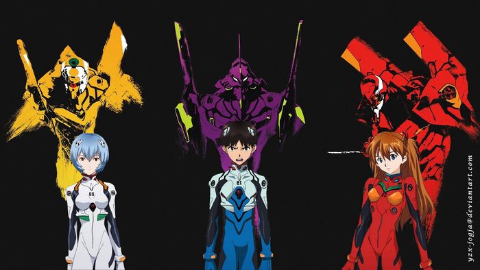 Evangelion Unit-02, Unit-01, and Unit-00 with pilots
